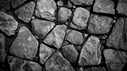 Poster - Granite cobblestone pavement texture in black and white showcasing intricate stone patterns and weathered surfaces for artistic backgrounds.