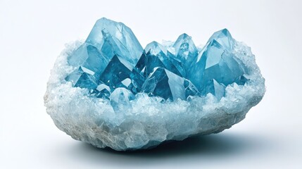 Poster - Beautiful blue aragonite crystal cluster showcased prominently on a white background highlighting its natural elegance and intricate formations.