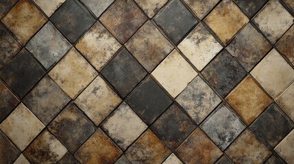 Poster - Textured tiled floor pattern in earthy tones showcasing a rustic diamond layout suitable for backgrounds and design projects.