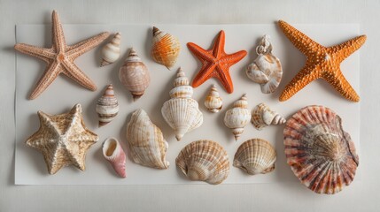 Poster - Starfish and seashells arranged on white paper with ample copy space for text and branding showcasing coastal elements in aerial perspective