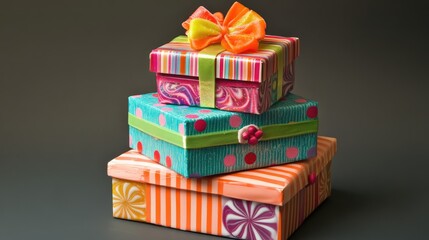 Poster - Colorful stacked candy gift boxes perfect for festive occasions and celebrations showcasing vibrant designs and cheerful patterns.