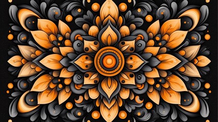 Poster - Intricate floral design featuring a harmonious blend of orange and black colors, perfect for use in digital graphics and creative projects.