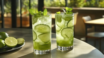 Poster - Refreshing cucumber lime mint lemonade in tall glasses garnished with fresh mint leaves on a stylish wooden table setting.