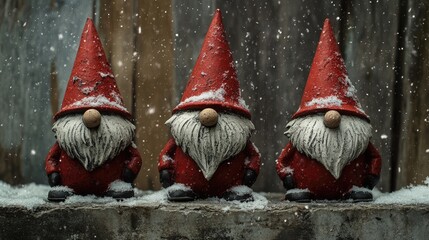 Aufkleber - Three whimsical red gnomes surrounded by snowflakes conveying a charming winter ambiance perfect for holiday decor themes