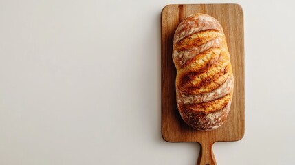 Aufkleber - Freshly baked artisanal bread on a wooden chopping board isolated against a clean white background for culinary and food photography use