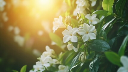 Poster - Sampaguita Jasmine plant with vibrant white flowers and lush green leaves illuminated by morning sunlight in a serene garden setting