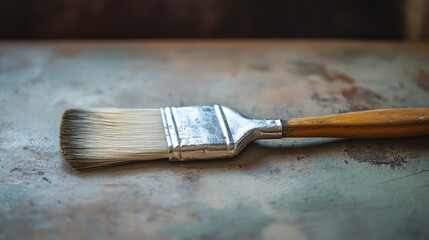 Poster - Paint brush with wooden handle and soft bristles resting on a weathered surface ideal for home decorating and renovation projects.