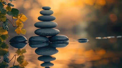 Poster - Serene stack of pebbles reflected in calm water surrounded by ivy leaves under a soft warm light in nature tranquility