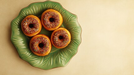 Poster - Assorted donuts with chocolate sprinkles arranged on a green leaf plate against a beige background for a delightful dessert presentation