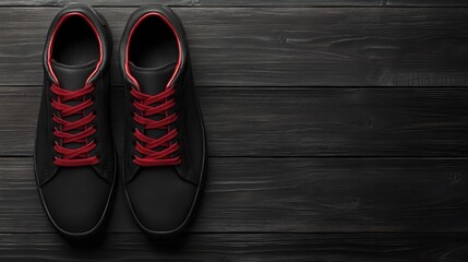 Poster - Sneakers with red laces on a dark wooden background empty space for branding and advertising text