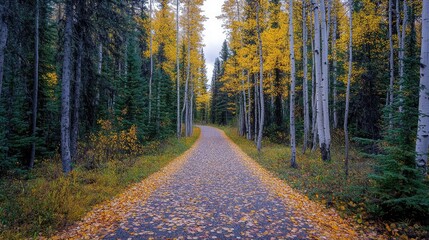 Poster - Serene autumn forest path lined with vibrant foliage and fallen leaves creating a tranquil atmosphere for nature lovers and adventurers.