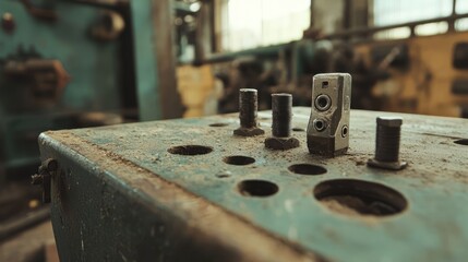 Poster - Industrial tools and tablet on a weathered wooden workbench in a factory setting showcasing craftsmanship and technology integration