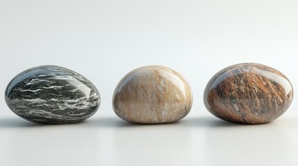 Leinwandbilder - Three smooth river stones of varying colors arranged on a neutral background displaying natural textures and earthy tones