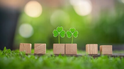 Poster - Cheerful green clover decoration with wooden blocks on vibrant grass background perfect for postcard layout or spring celebration banner