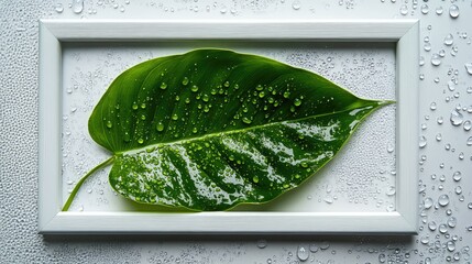 Aufkleber - Tropical green Monstera leaf with dew drops in a white frame on a textured background ideal for nature-themed designs and layouts
