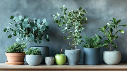 Poster - Modern home decor composition featuring various plants in stylish pots on a wooden table with an elegant eucalyptus color palette.