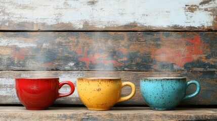 Poster - Three steaming cups of tea cappuccino and coffee espresso in vibrant colors on a rustic wooden background with a cozy atmosphere