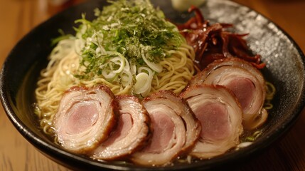 Poster - Tonkotsu ramen with tender chaashu pork and fresh green onion garnishes in a beautiful bowl setting