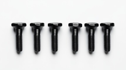 Poster - Black metal bolts arranged in two rows on a clean white background showcasing industrial hardware design and engineering precision