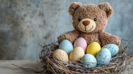 Poster - Teddy bear with colorful Easter eggs nestled in a natural bird's nest on a textured background for festive spring decorations.