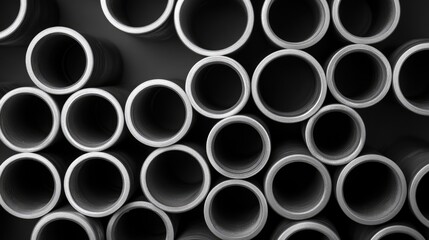 Poster - Abstract composition of circular steel tubes stacked on a dark background showcasing industrial materials and geometric patterns.