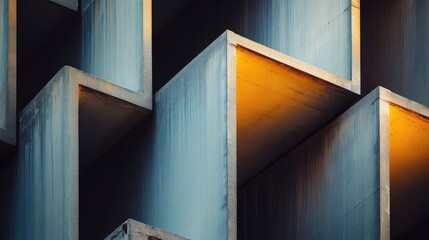 Poster - Abstract closeup of modern architectural elements with layered geometric patterns and warm lighting highlighting industrial design features