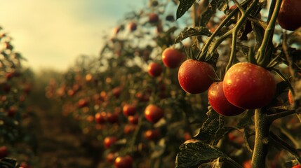 Poster - Ripe tomatoes on branches in a lush agricultural field during golden hour showcasing bountiful harvest and vibrant colors.