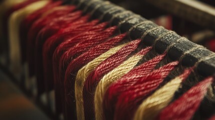 Aufkleber - Loom threads displaying rich colors illuminated by soft natural light showcasing textile craftsmanship and artistry