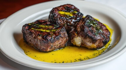 Poster - Savory grilled meatloaf trio served with a tangy mustard sauce on a white plate