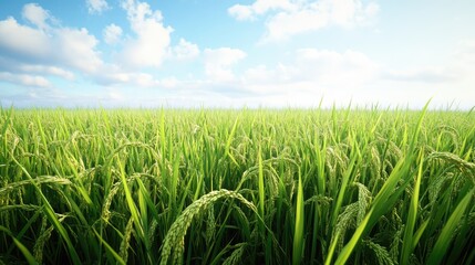 Poster - Aerial view of vibrant green rice field under a blue sky with fluffy clouds showcasing agricultural beauty and seasonal growth