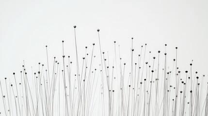 Poster - Close-up of various sewing needles and colorful threads arranged artistically on a white background for crafting and design concepts.