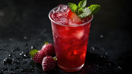 Poster - Refreshing fruit syrup beverage over ice garnished with mint and raspberries in a clear cup against a dark background