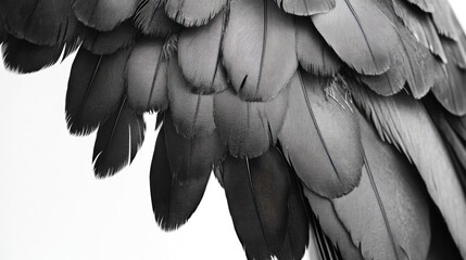 Poster - Black and white close-up of bird feathers showcasing intricate texture and pattern on a clean white background