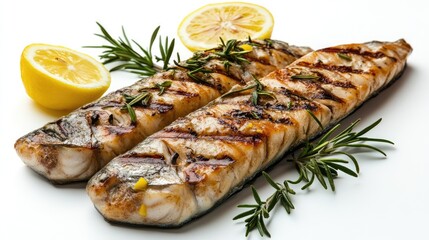 Poster - Grilled mackerel garnished with rosemary and lemon slices on a white background showcasing a delicious seafood dish.