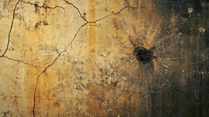 Poster - Intricate spiderweb on a weathered wall showcasing texture and age with cracked surfaces and earthy tones