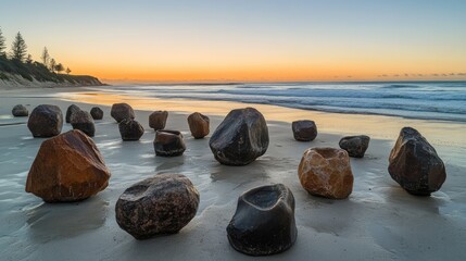 Poster - Multicolored Smooth Rocks on Beach at Sunrise with Gentle Waves Lapping Shoreline Creating a Serene Coastal Landscape Scene