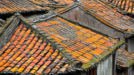 Poster - Traditional clay roof tiles with moss gently covering the surfaces showcasing a rustic architectural charm and age-old craftsmanship.