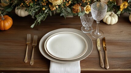 Poster - Rustic Thanksgiving table setting with modern plates vintage cutlery linen napkin autumn flowers and pumpkins for eco-friendly dining experience