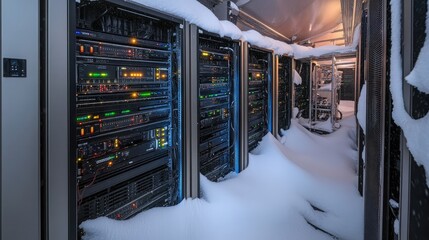 Poster - Data center with servers in storage cabinets submerged in snow showcasing unusual winter conditions affecting technology infrastructure