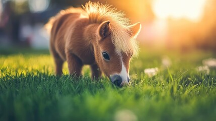 Poster - Miniature horse grazing on lush green grass during sunset with soft golden light illuminating the scene