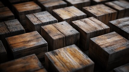 Poster - Wooden cubes arranged in a unique pattern showcasing texture and depth ideal for background use in design and creative projects