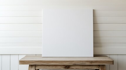 Poster - Minimalist living room featuring an empty canvas on a wooden table against a light wooden wall ideal for interior design mockups
