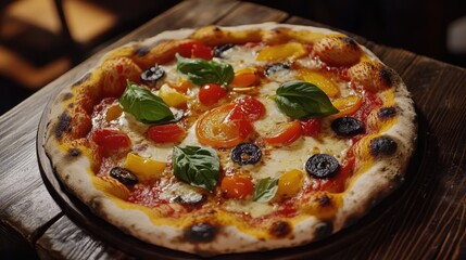 Poster - Freshly baked vegetable pizza with basil and colorful toppings on rustic wooden surface.