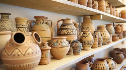 Poster - Artisan pottery collection beautifully arranged on wooden shelves showcasing traditional craftsmanship and intricate designs.