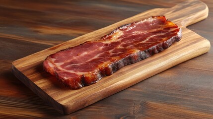Poster - Sliced gourmet pork ham delicately presented on a rustic wooden serving board