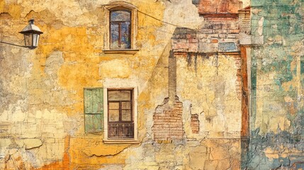 Poster - Textured background of weathered building facade showcasing architectural details and vibrant colors in an urban setting