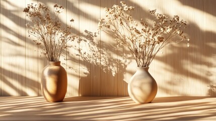 Poster - Elegant wooden table display featuring decorative vases with dried flowers casting beautiful shadows, highlighting modern interior design aesthetics.