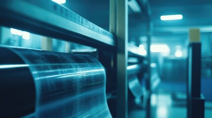 Poster - Modern flexographic printing press detail showcasing flexible material rolls in a selective focus setting highlighting industrial technology and workflow