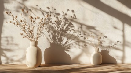 Poster - Modern interior design featuring minimalist vases with dried flowers casting artistic shadows on a wooden table and wall.