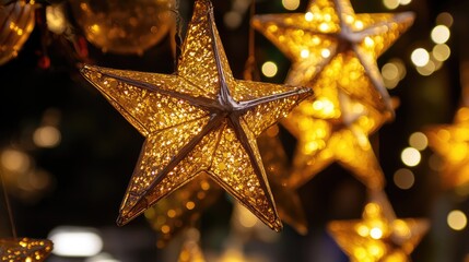 Poster - Golden decorative stars illuminated in soft focus, creating a warm and festive ambiance suitable for holiday-themed designs.